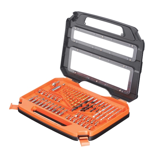An open BLACK+DECKER tool case containing a variety of drill bits and screwdriver bits arranged in an orange tray with a black lid.