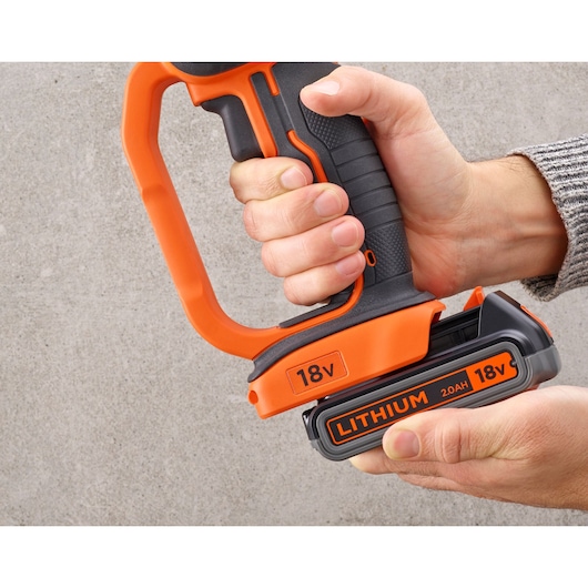Photo of BLACKDECKER 18V cordless tool handle with lithium battery, close-up view BCG720N.