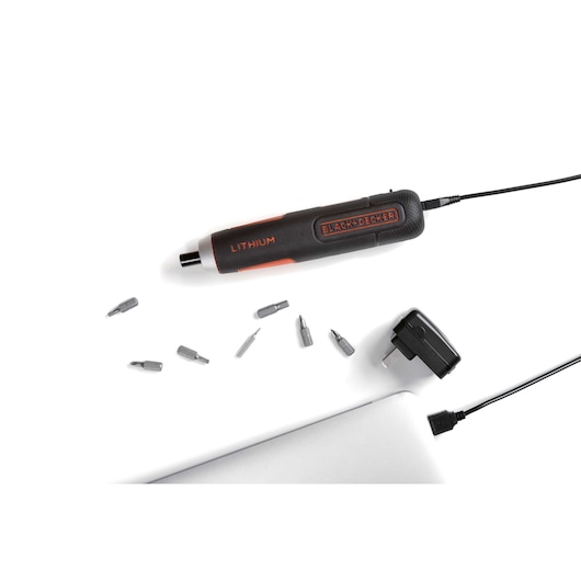 BLACKDECKER BD40K27 cordless screwdriver set with lithium battery, charger, and multiple bits, top view, white background.