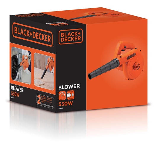 BLACK+DECKER BDB530-B9 blower 530W boxed, front-left angle showing product photo and usage icons.