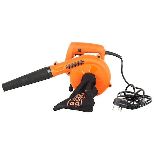 An orange BLACK+DECKER electric blower with a black nozzle, a black dust collection bag, and an attached power cord with a European plug.