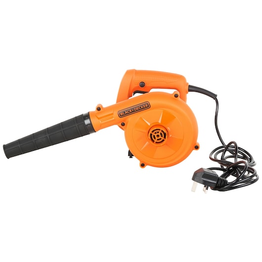 An orange BLACK+DECKER electric blower with a black nozzle and power cord, shown against a white background.