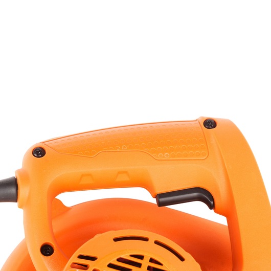 Photo of BLACKDECKER BDB530 blower handle and trigger, orange plastic, close-up, white background.