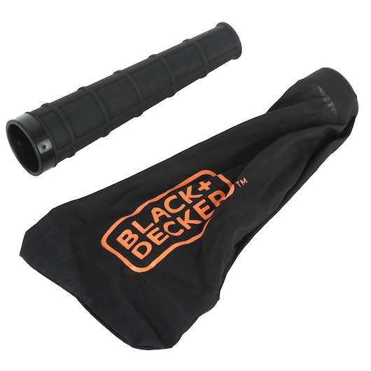 BLACK+DECKER BDB530 leaf blower vacuum tube and black collection bag with orange logo, product photo on white background.