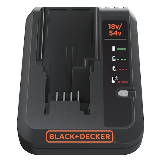 BLACK+DECKER battery charger for 18V and 54V batteries, featuring indicator lights for battery charge status and temperature, with a black and orange design.