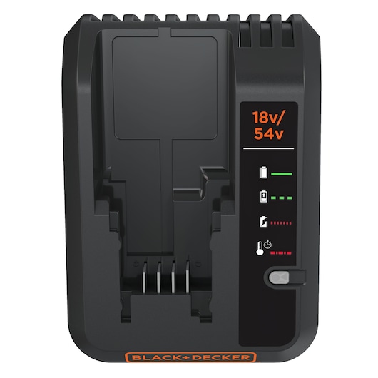 BLACK+DECKER battery charger for 18V and 54V batteries, featuring indicator lights for charge status and battery diagnostics.