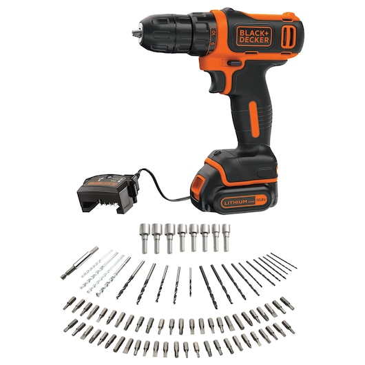 Cordless BLACK+DECKER drill with lithium battery, charger, and a large assortment of drill bits and screwdriver bits arranged in a semicircle.