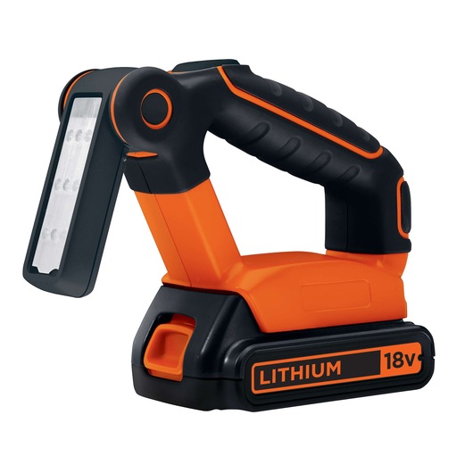 A BLACK+DECKER cordless LED work light with an 18V lithium battery, featuring a black and orange ergonomic handle and an adjustable light head.
