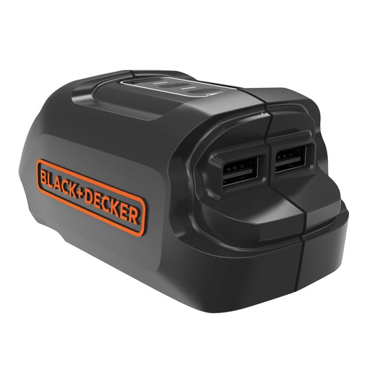 BLACK+DECKER branded black battery charger with two USB ports, designed for charging compatible power tool batteries and USB devices.