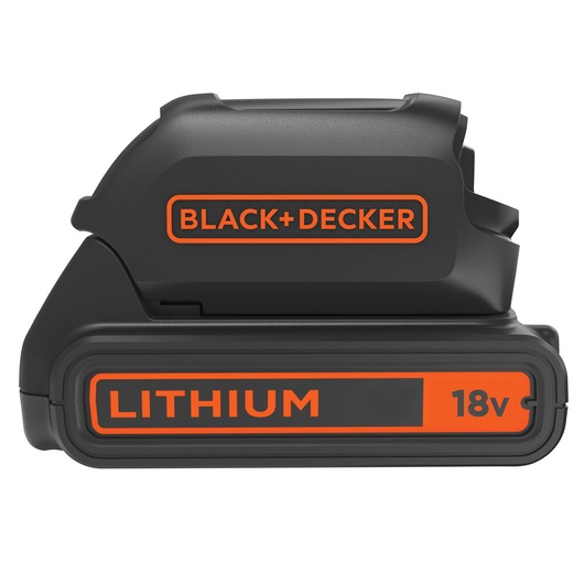 BLACK+DECKER 18V lithium power tool battery in black and orange.