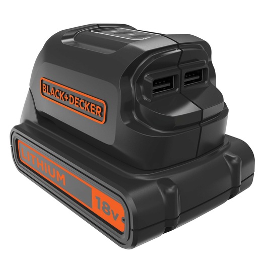 A BLACK+DECKER 18V lithium battery pack with dual USB ports. The battery is black with orange branding details and is designed for portable power applications.