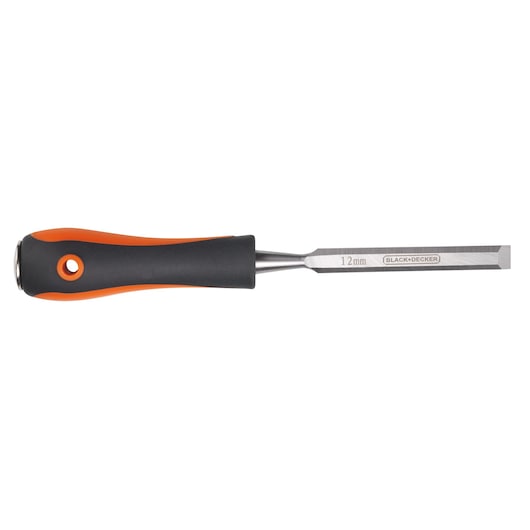 BLACKDECKER BDHT16695 wood chisel with 12mm blade, black and orange ergonomic handle, side angle photo