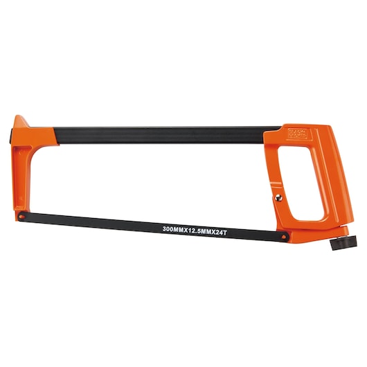 BLACKDECKER BDHT20344 hacksaw with orange frame and black blade, side angle, photography product.