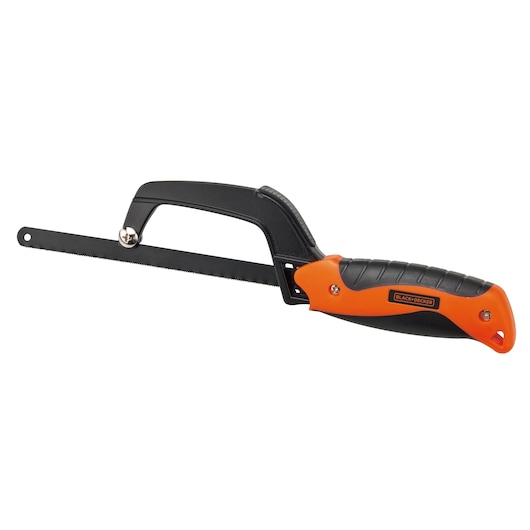 BLACK+DECKER BDHT20345 hand saw with orange and black ergonomic handle, side view on white background.