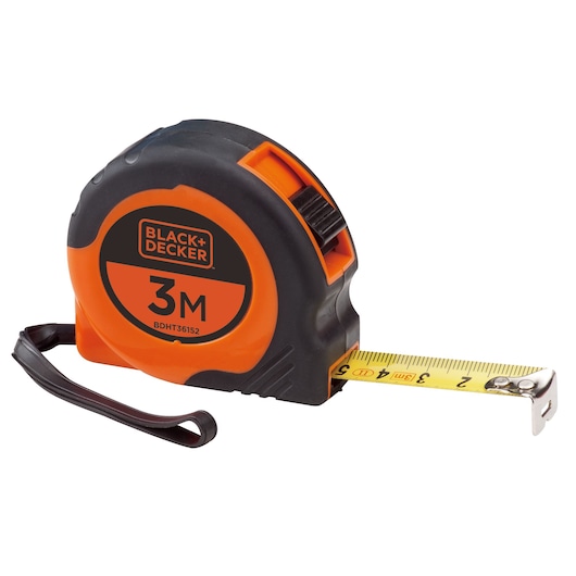 BLACK+DECKER BDHT36152 tape measure 3m, black and orange, front angle on white background.
