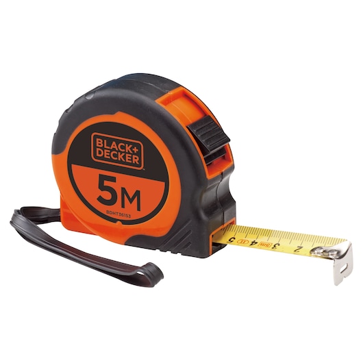 BLACKDECKER 5 meter tape measure BDHT36153, black and orange, side angle with yellow tape extended.