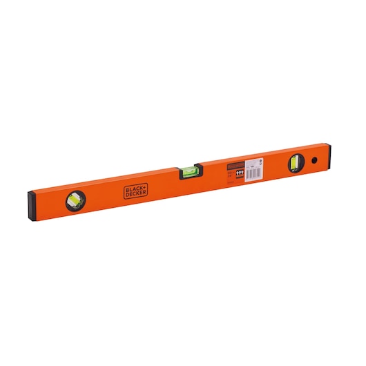 Photo of BLACK+DECKER BDHT43189 orange spirit level with black end caps, side angle on white background.