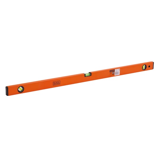 BLACKDECKER BDHT43190 orange spirit level with three bubble vials, angled view on white background.