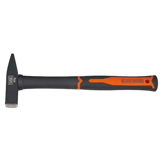 BLACKDECKER BDHT51394 photography of black and orange hammer with flat and pointed head, side angle.