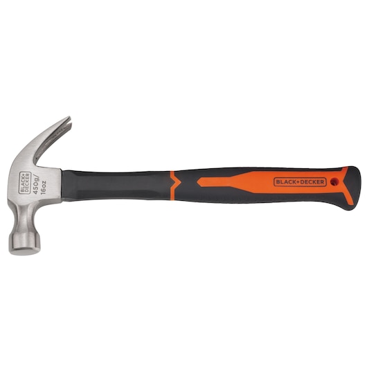 BLACKDECKER claw hammer BDHT51396, silver head, black and orange handle, side angle, white background.