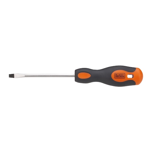 A BLACK+DECKER flathead screwdriver with a black and orange ergonomic handle, shown against a white background.
