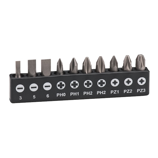 BLACKDECKER BDHT68127 screwdriver bit set, 10 assorted bits in labeled black holder, front angle, white background.