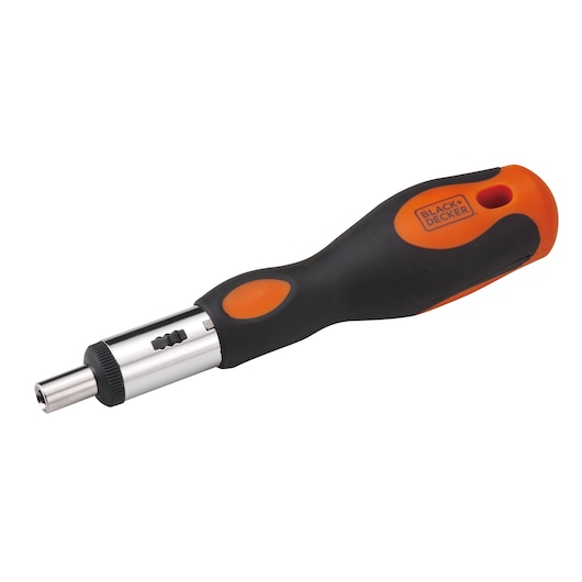 BLACK+DECKER BDHT68127 ratcheting screwdriver with black and orange ergonomic handle, side angle on white background.