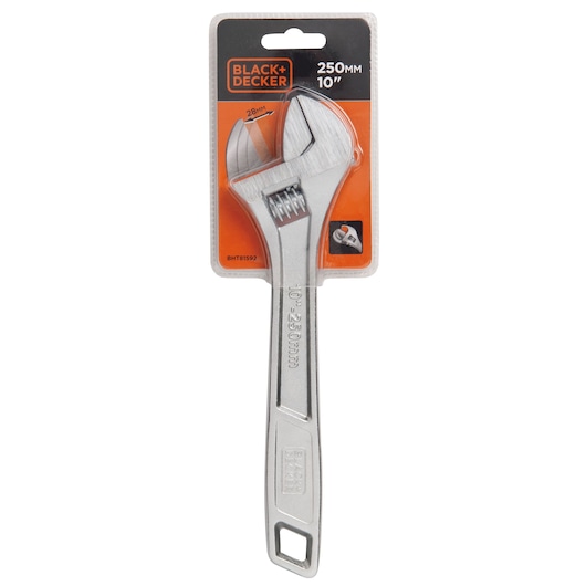Photo of BLACK+DECKER adjustable wrench 250mm BDHT81592 in retail packaging, silver color, front view on white background.