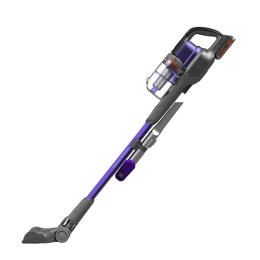 A cordless stick vacuum cleaner with a purple and grey design, featuring a transparent dust container and ergonomic handle.