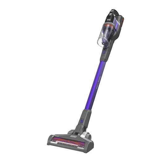 A cordless stick vacuum cleaner with a purple shaft and transparent dust container, designed by BLACK+DECKER. The vacuum cleaner is angled upright on a white background.