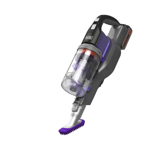 A BLACK+DECKER cordless hand vacuum with a transparent dust container and a purple brush nozzle, designed for easy and efficient cleaning.