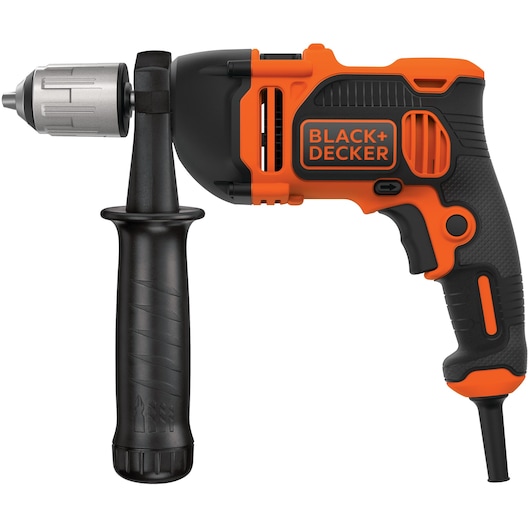 A BLACK+DECKER corded electric drill with a black and orange body, side handle for stability, and a metal chuck, shown against a white background.