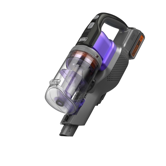A BLACK+DECKER handheld cordless vacuum cleaner with a transparent dust container, black and purple accents, and an 18V lithium battery.