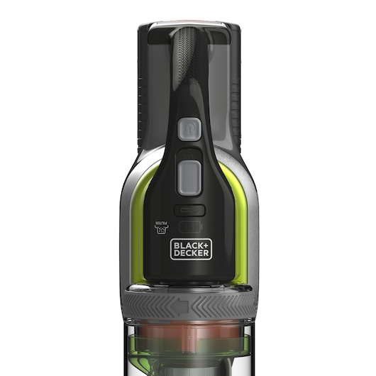 Front view of a BLACK+DECKER handheld vacuum cleaner, showing the brand logo, buttons, and transparent dust container.