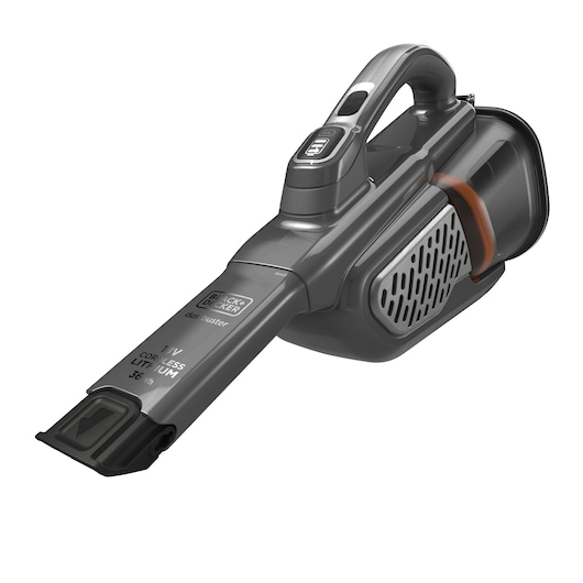 Cordless hand vacuum cleaner in grey and black color from BLACK+DECKER, featuring a lithium battery and ergonomic handle.