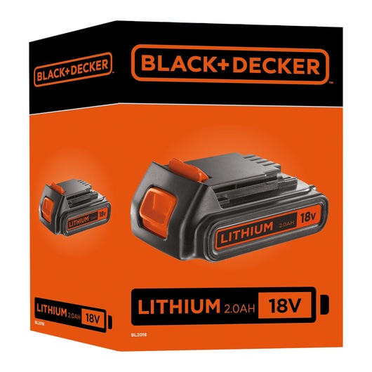 BLACK+DECKER BL2018 lithium 18V 2.0Ah battery pack retail packaging, orange and black colors, front angle.