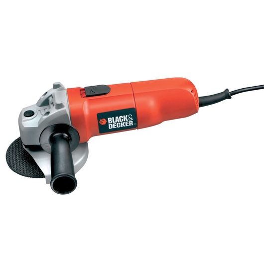 A BLACK+DECKER branded electric angle grinder with an orange body, black handle, and power cord, placed against a white background.