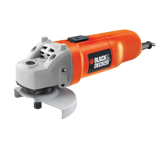 A BLACK+DECKER CD115 angle grinder with an orange and gray body, shown on a white background. The tool is designed for cutting and grinding tasks and has a visible Black+Decker logo.