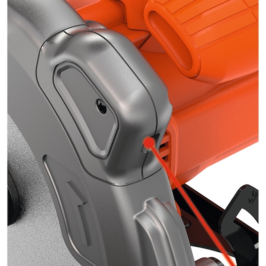 BLACKDECKER CS1250L circular saw close-up with laser guide on white background.