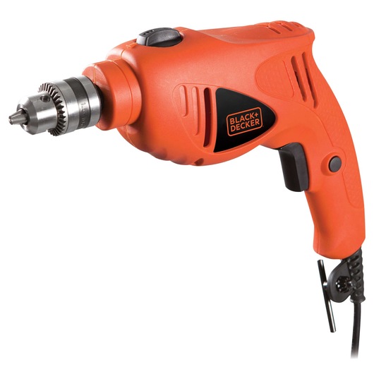 A corded electric drill with an orange casing and a metal chuck, branded BLACK+DECKER.
