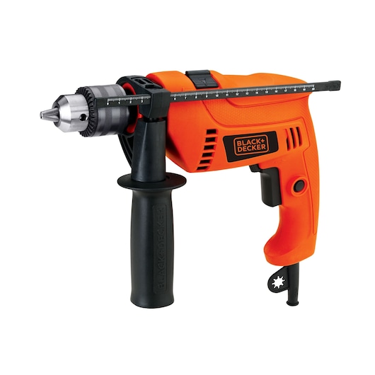 BLACK+DECKER HD555 orange corded drill with side handle and depth gauge, product photography, front angle.