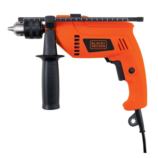 BLACKDECKER HD555 orange corded drill with side handle and depth gauge, front angle on white background.