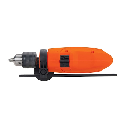 Photo of BLACKDECKER HD555 orange corded drill, side view, showing adjustable depth guide and black grip.