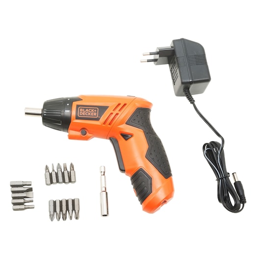 BLACK+DECKER KC4815-IN orange cordless screwdriver set with bits and charger, side angle on white.