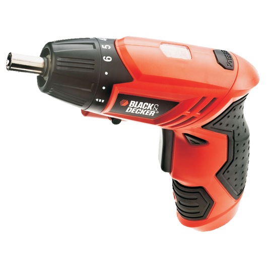 Photo of BLACK+DECKER KC4815 cordless screwdriver in red and black, right side angle on white background.