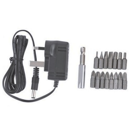 BLACKDECKER KC4815 charger, bit holder, and assorted screwdriver bits set, top-down view on white background.
