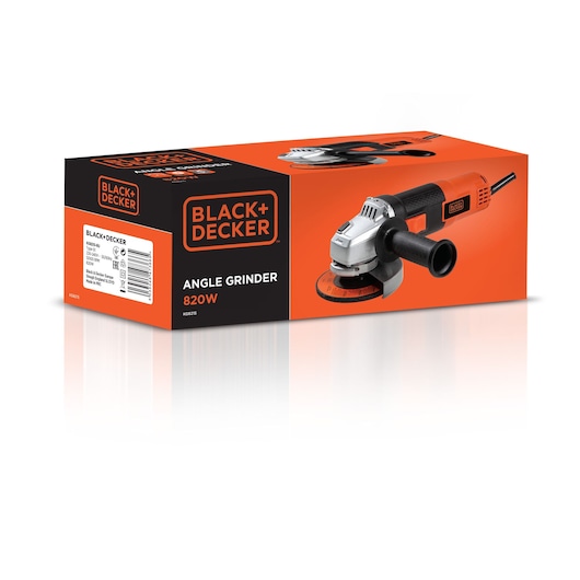 BLACKDECKER 820W angle grinder KG8215-RU product box, orange and black, front angle on white background.