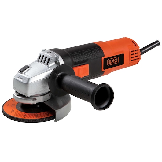 A BLACK+DECKER electric angle grinder with a black and orange handle and side grip, shown against a white background.