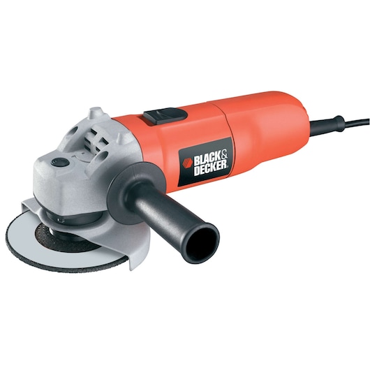 A Black & Decker electric angle grinder with a red and silver body, black handle, and visible grinding disc.