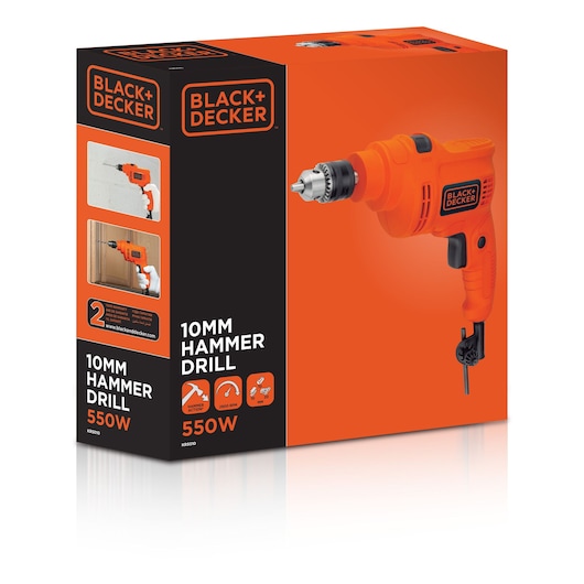 Photo of BLACK+DECKER KR5010-B5 10mm hammer drill, 550W, in orange and black retail packaging, front angle.